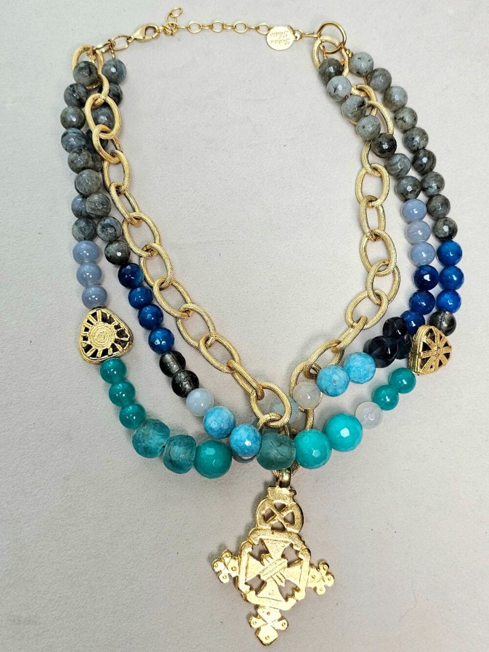 Susan Shaw Multi Strand Beaded Necklace Gold Cross Pendant Semi Precious OS